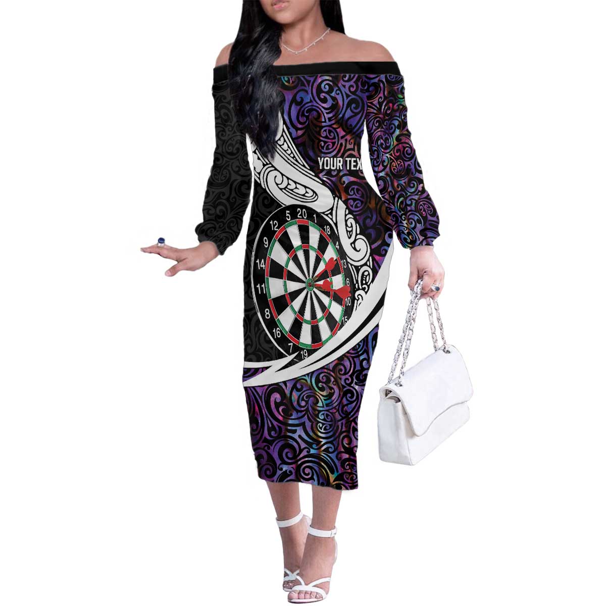 Personalized NZ Darts Family Matching Off The Shoulder Long Sleeve Dress and Hawaiian Shirt Paua Shell Maori Koru Whakairo - Purple LT7 Mom's Dress Purple - Polynesian Pride