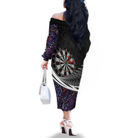 Personalized NZ Darts Family Matching Off The Shoulder Long Sleeve Dress and Hawaiian Shirt Paua Shell Maori Koru Whakairo - Purple LT7 - Polynesian Pride