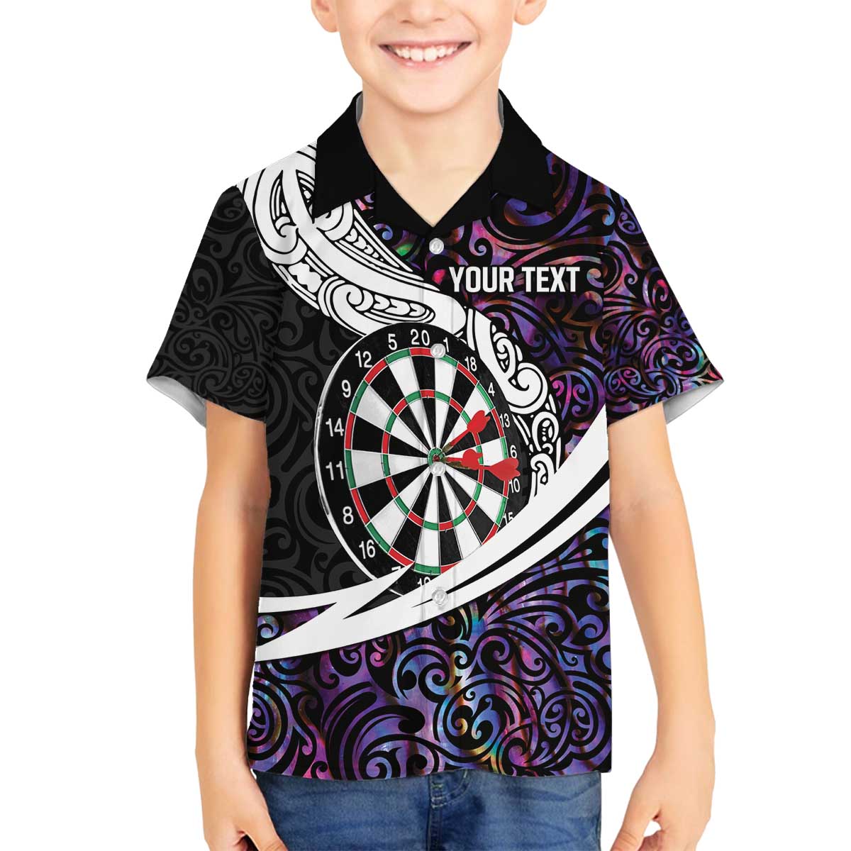 Personalized NZ Darts Family Matching Off The Shoulder Long Sleeve Dress and Hawaiian Shirt Paua Shell Maori Koru Whakairo - Purple LT7 Son's Shirt Purple - Polynesian Pride