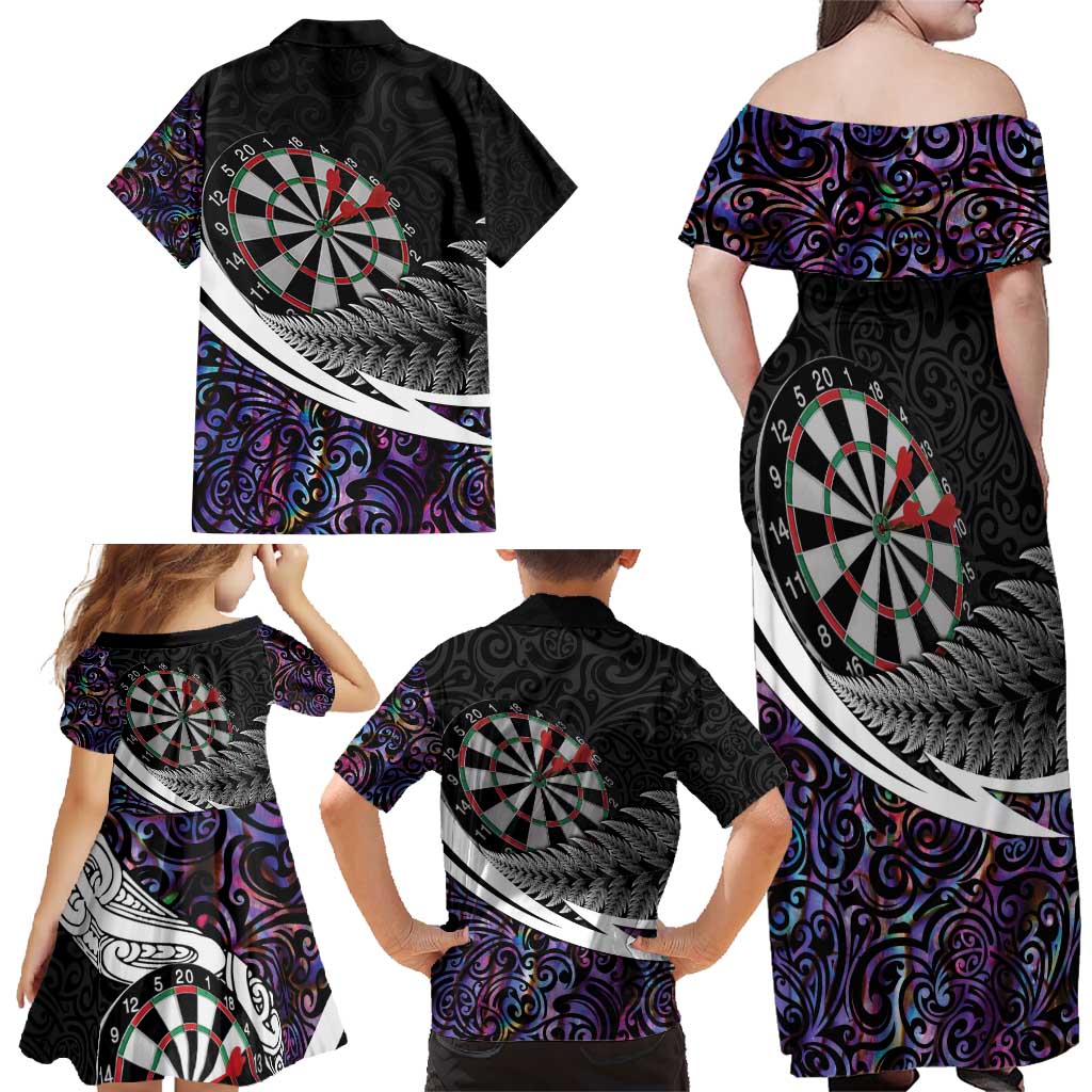 Personalized NZ Darts Family Matching Off Shoulder Maxi Dress and Hawaiian Shirt Paua Shell Maori Koru Whakairo - Purple LT7 - Polynesian Pride