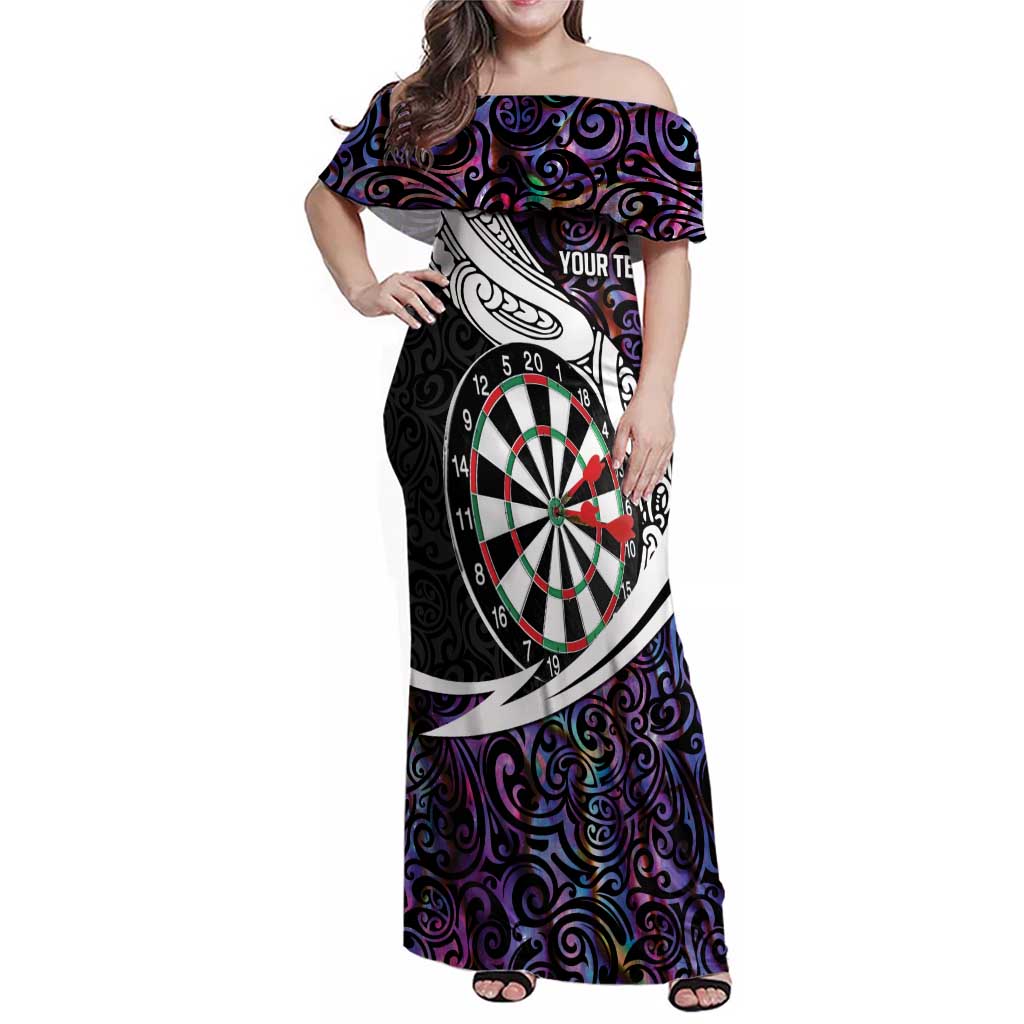 Personalized NZ Darts Family Matching Off Shoulder Maxi Dress and Hawaiian Shirt Paua Shell Maori Koru Whakairo - Purple LT7 Mom's Dress Purple - Polynesian Pride