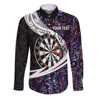 Personalized NZ Darts Family Matching Off Shoulder Short Dress and Hawaiian Shirt Paua Shell Maori Koru Whakairo - Purple LT7 Dad's Shirt - Long Sleeve Purple - Polynesian Pride
