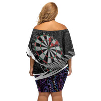 Personalized NZ Darts Family Matching Off Shoulder Short Dress and Hawaiian Shirt Paua Shell Maori Koru Whakairo - Purple LT7 - Polynesian Pride