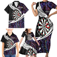 Personalized NZ Darts Family Matching Short Sleeve Bodycon Dress and Hawaiian Shirt Paua Shell Maori Koru Whakairo - Purple LT7 - Polynesian Pride