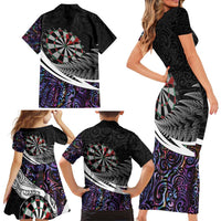 Personalized NZ Darts Family Matching Short Sleeve Bodycon Dress and Hawaiian Shirt Paua Shell Maori Koru Whakairo - Purple LT7 - Polynesian Pride