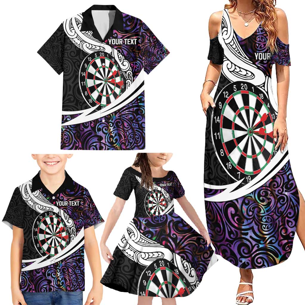 Personalized NZ Darts Family Matching Summer Maxi Dress and Hawaiian Shirt Paua Shell Maori Koru Whakairo - Purple LT7 - Polynesian Pride