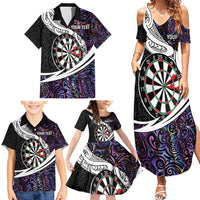 Personalized NZ Darts Family Matching Summer Maxi Dress and Hawaiian Shirt Paua Shell Maori Koru Whakairo - Purple LT7 - Polynesian Pride