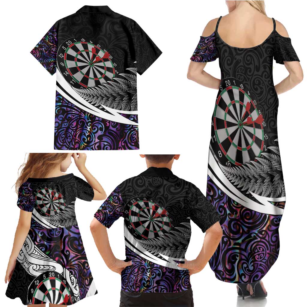 Personalized NZ Darts Family Matching Summer Maxi Dress and Hawaiian Shirt Paua Shell Maori Koru Whakairo - Purple LT7 - Polynesian Pride