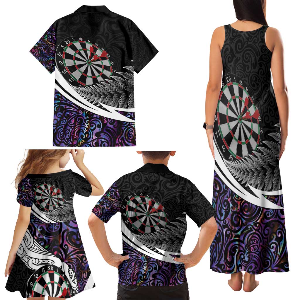 Personalized NZ Darts Family Matching Tank Maxi Dress and Hawaiian Shirt Paua Shell Maori Koru Whakairo - Purple LT7 - Polynesian Pride