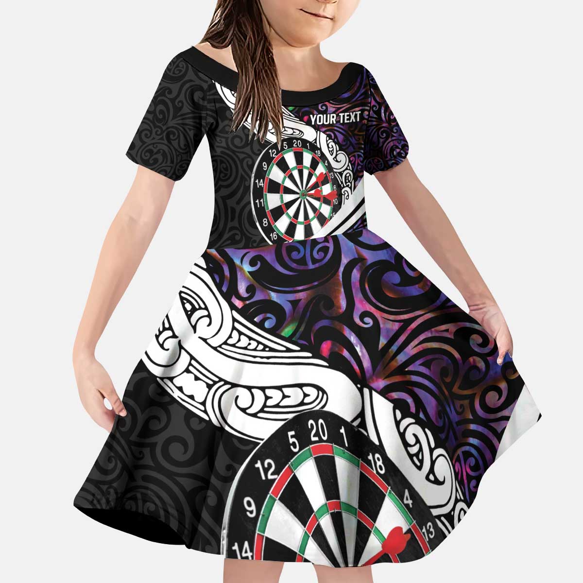 Personalized NZ Darts Kid Short Sleeve Dress Paua Shell Maori Koru Whakairo - Purple LT7 KID Purple - Polynesian Pride
