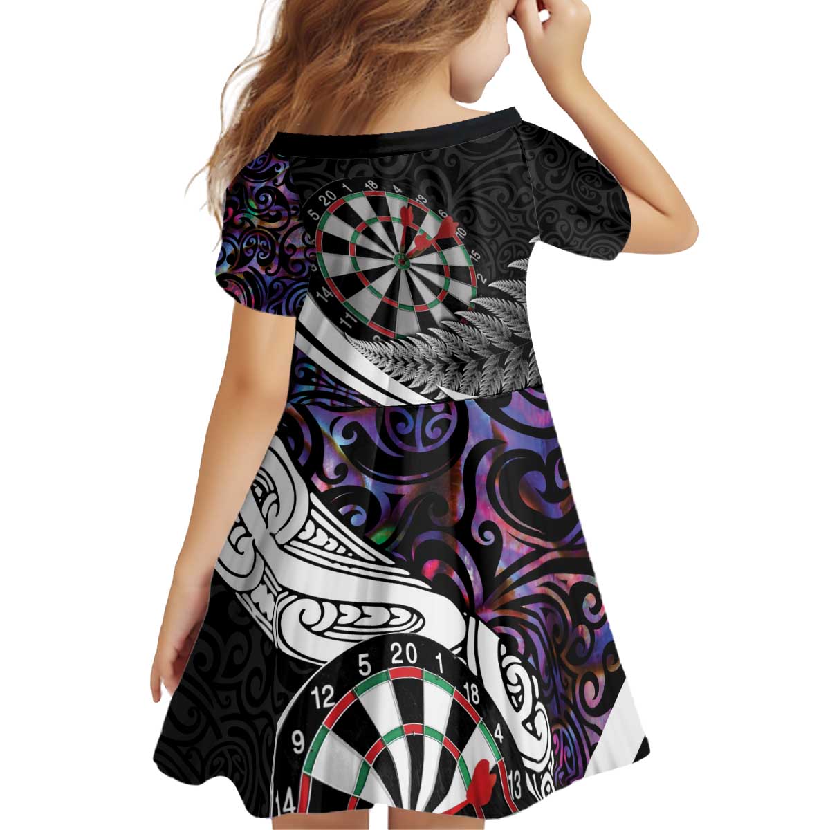 Personalized NZ Darts Kid Short Sleeve Dress Paua Shell Maori Koru Whakairo - Purple LT7 - Polynesian Pride