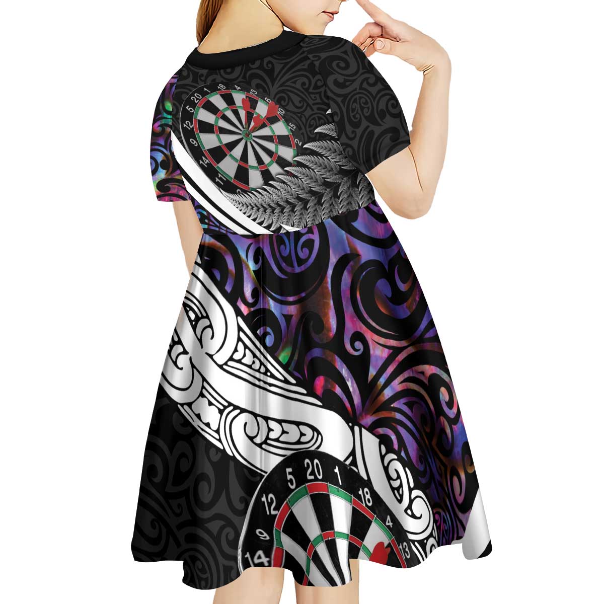 Personalized NZ Darts Kid Short Sleeve Dress Paua Shell Maori Koru Whakairo - Purple LT7 - Polynesian Pride