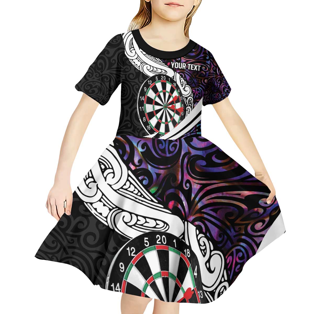 Personalized NZ Darts Kid Short Sleeve Dress Paua Shell Maori Koru Whakairo - Purple LT7 - Polynesian Pride