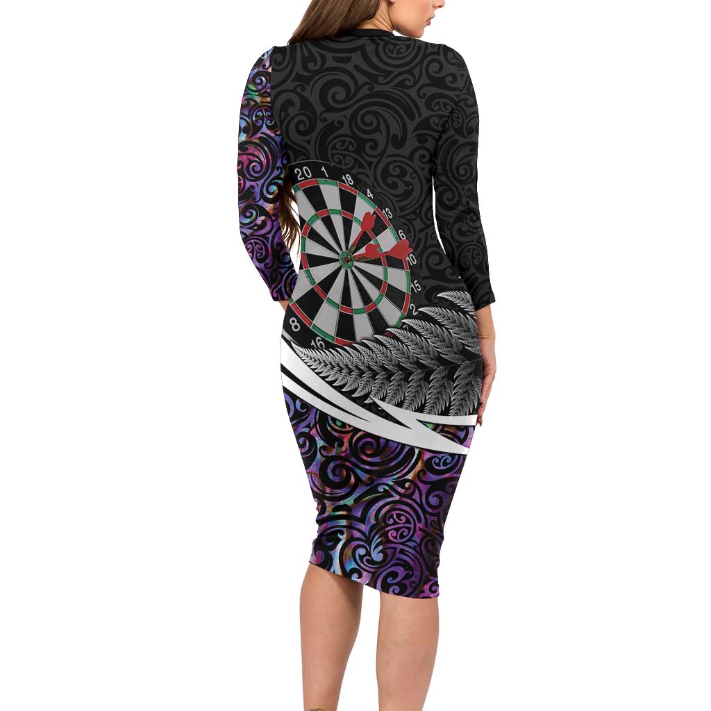 Personalized NZ Darts Long Sleeve Bodycon Dress Paua Shell Maori Koru Whakairo - Purple - Polynesian Pride