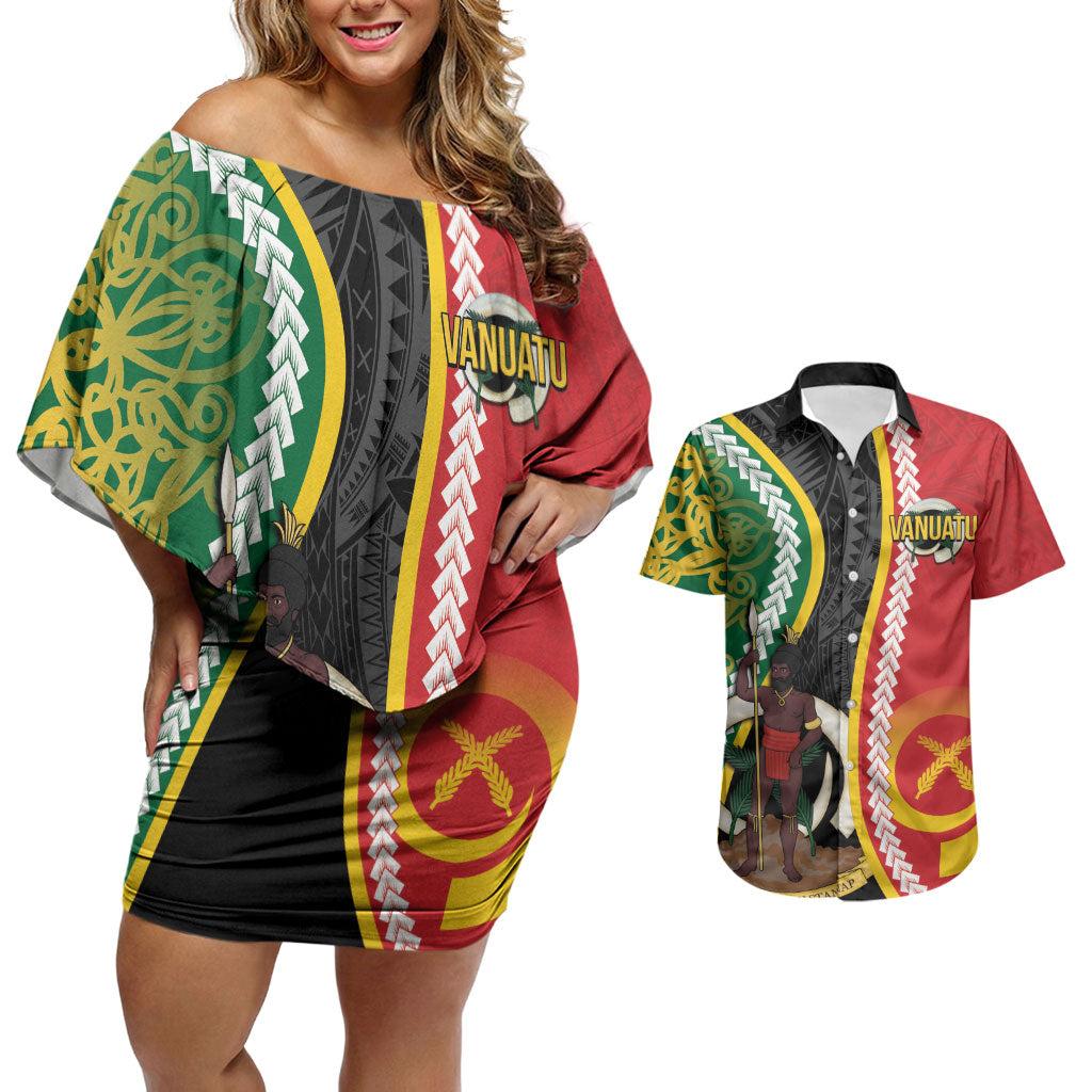 Ni-Vanuatu Indipendens Dei Celebretem Couples Matching Off Shoulder Short Dress and Hawaiian Shirt Yumi Yumi Yumi LT7 Multicolor - Polynesian Pride