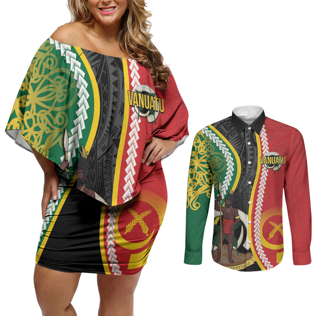 Ni-Vanuatu Indipendens Dei Celebretem Couples Matching Off Shoulder Short Dress and Long Sleeve Button Shirt Yumi Yumi Yumi LT7 Multicolor - Polynesian Pride