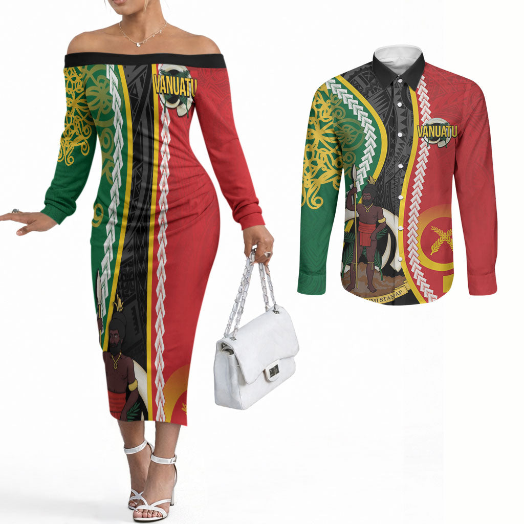 Ni-Vanuatu Indipendens Dei Celebretem Couples Matching Off The Shoulder Long Sleeve Dress and Long Sleeve Button Shirt Yumi Yumi Yumi LT7 Multicolor - Polynesian Pride