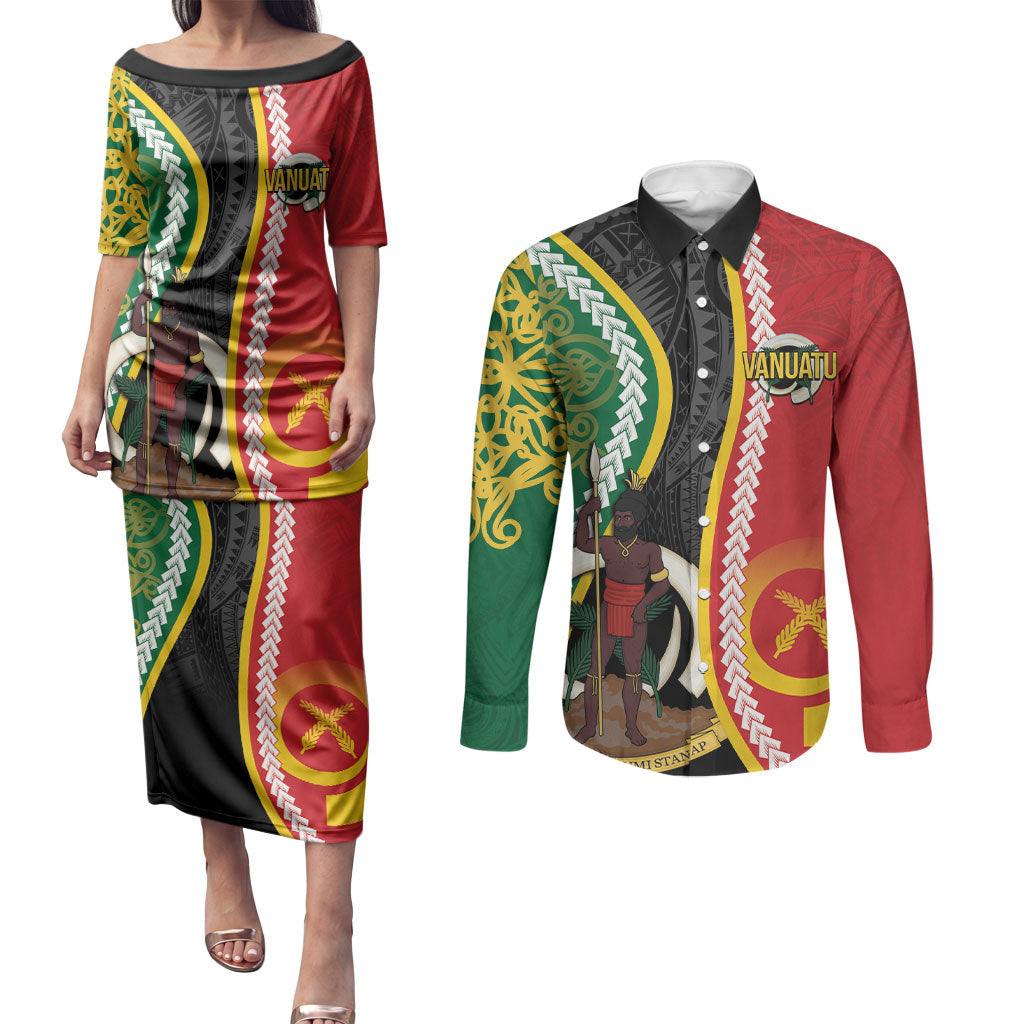 Ni-Vanuatu Indipendens Dei Celebretem Couples Matching Puletasi and Long Sleeve Button Shirt Yumi Yumi Yumi LT7 Multicolor - Polynesian Pride