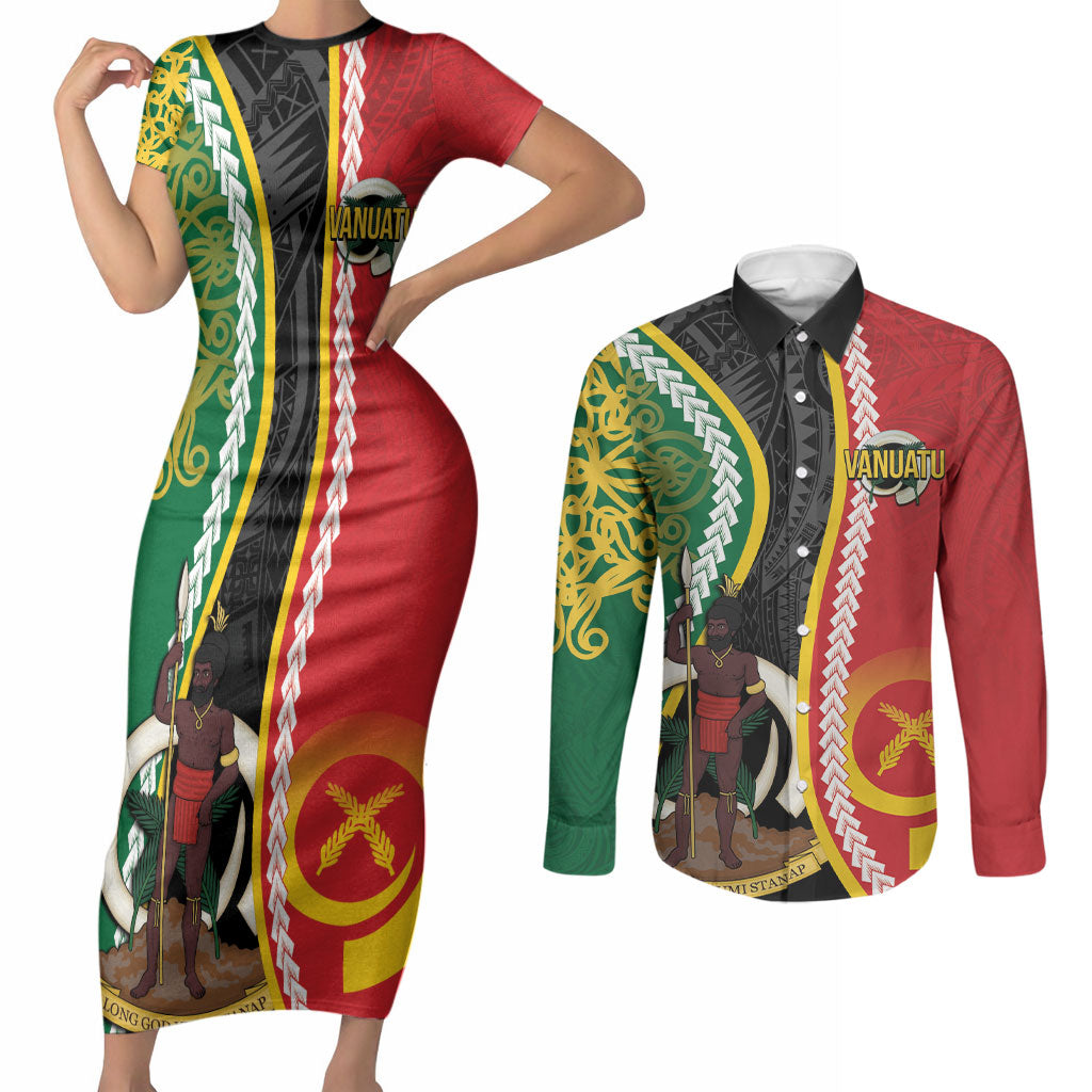 Ni-Vanuatu Indipendens Dei Celebretem Couples Matching Short Sleeve Bodycon Dress and Long Sleeve Button Shirt Yumi Yumi Yumi LT7 Multicolor - Polynesian Pride