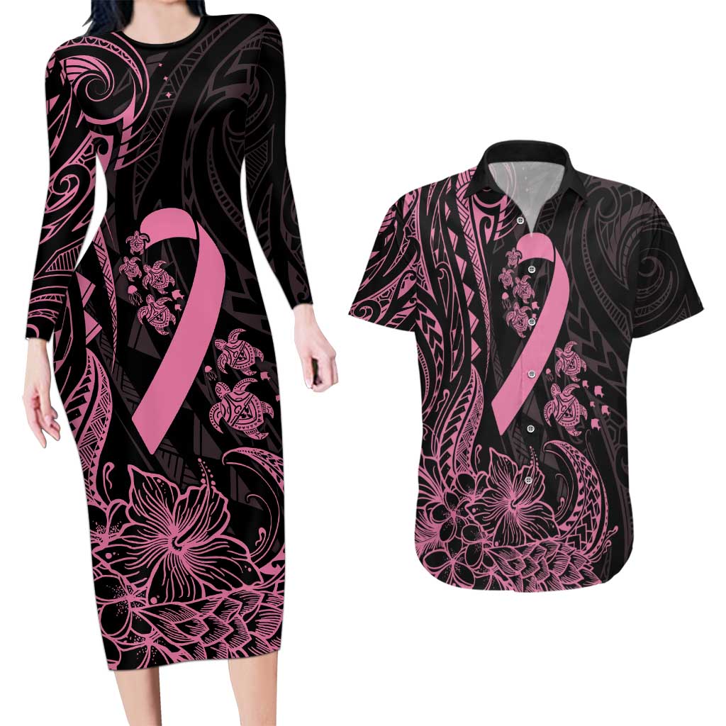 Polynesian Pink Power Couples Matching Long Sleeve Bodycon Dress and Hawaiian Shirt Breast Cancer Ribbon Turtle and Flowers LT7 Pink - Polynesian Pride