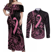 Polynesian Pink Power Couples Matching Off Shoulder Maxi Dress and Long Sleeve Button Shirt Breast Cancer Ribbon Turtle and Flowers LT7 Pink - Polynesian Pride