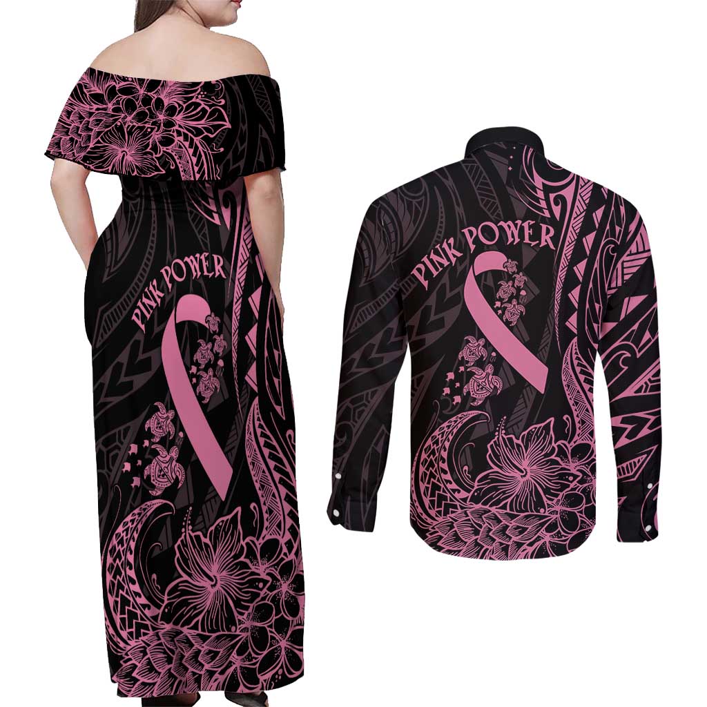 Polynesian Pink Power Couples Matching Off Shoulder Maxi Dress and Long Sleeve Button Shirt Breast Cancer Ribbon Turtle and Flowers LT7 - Polynesian Pride