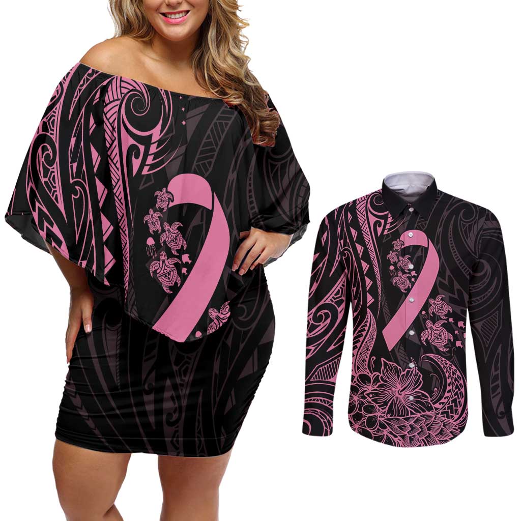 Polynesian Pink Power Couples Matching Off Shoulder Short Dress and Long Sleeve Button Shirt Breast Cancer Ribbon Turtle and Flowers LT7 Pink - Polynesian Pride