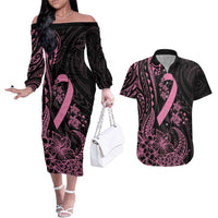 Polynesian Pink Power Couples Matching Off The Shoulder Long Sleeve Dress and Hawaiian Shirt Breast Cancer Ribbon Turtle and Flowers LT7 Pink - Polynesian Pride