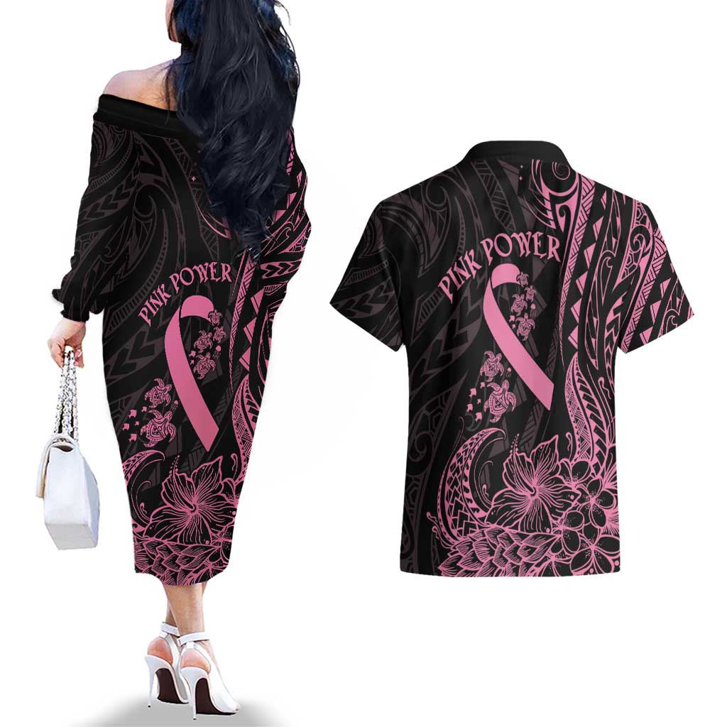 Polynesian Pink Power Couples Matching Off The Shoulder Long Sleeve Dress and Hawaiian Shirt Breast Cancer Ribbon Turtle and Flowers LT7 - Polynesian Pride