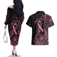 Polynesian Pink Power Couples Matching Off The Shoulder Long Sleeve Dress and Hawaiian Shirt Breast Cancer Ribbon Turtle and Flowers LT7 - Polynesian Pride