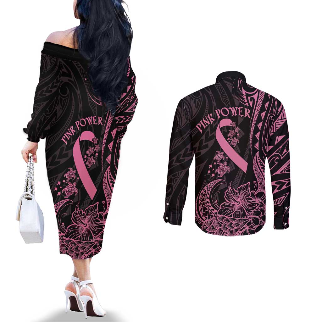 Polynesian Pink Power Couples Matching Off The Shoulder Long Sleeve Dress and Long Sleeve Button Shirt Breast Cancer Ribbon Turtle and Flowers LT7 - Polynesian Pride