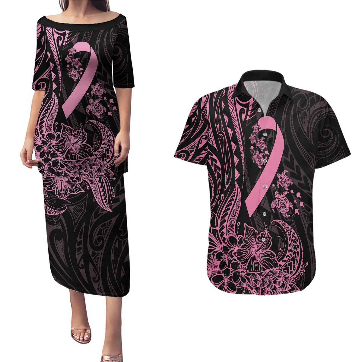 Polynesian Pink Power Couples Matching Puletasi and Hawaiian Shirt Breast Cancer Ribbon Turtle and Flowers LT7 Pink - Polynesian Pride