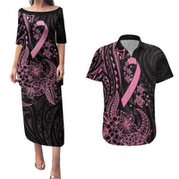 Polynesian Pink Power Couples Matching Puletasi and Hawaiian Shirt Breast Cancer Ribbon Turtle and Flowers LT7 Pink - Polynesian Pride