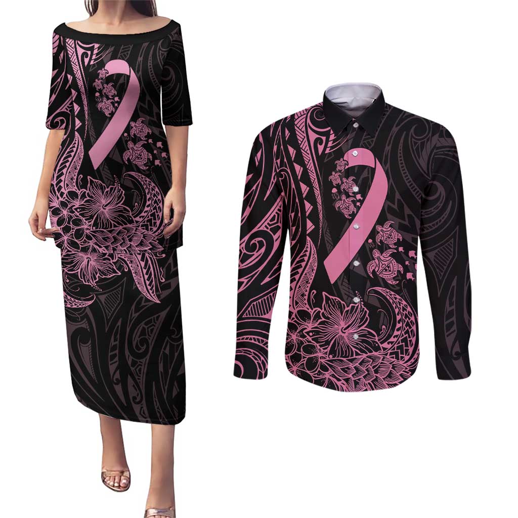 Polynesian Pink Power Couples Matching Puletasi and Long Sleeve Button Shirt Breast Cancer Ribbon Turtle and Flowers LT7 Pink - Polynesian Pride