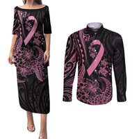 Polynesian Pink Power Couples Matching Puletasi and Long Sleeve Button Shirt Breast Cancer Ribbon Turtle and Flowers LT7 Pink - Polynesian Pride