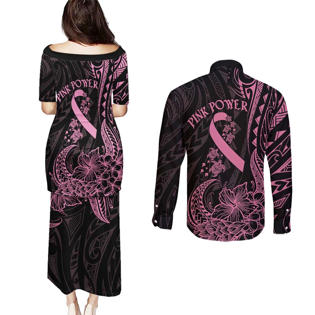 Polynesian Pink Power Couples Matching Puletasi and Long Sleeve Button Shirt Breast Cancer Ribbon Turtle and Flowers LT7 - Polynesian Pride