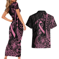 Polynesian Pink Power Couples Matching Short Sleeve Bodycon Dress and Hawaiian Shirt Breast Cancer Ribbon Turtle and Flowers LT7 - Polynesian Pride