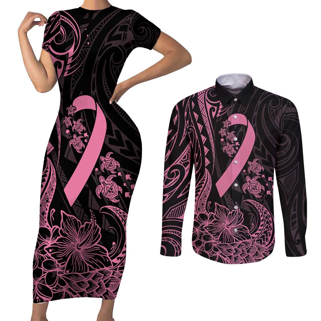 Polynesian Pink Power Couples Matching Short Sleeve Bodycon Dress and Long Sleeve Button Shirt Breast Cancer Ribbon Turtle and Flowers LT7 Pink - Polynesian Pride