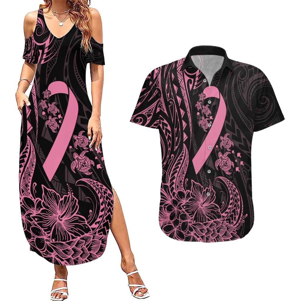 Polynesian Pink Power Couples Matching Summer Maxi Dress and Hawaiian Shirt Breast Cancer Ribbon Turtle and Flowers LT7 Pink - Polynesian Pride