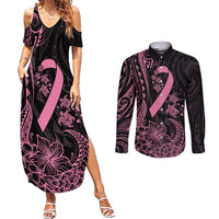 Polynesian Pink Power Couples Matching Summer Maxi Dress and Long Sleeve Button Shirt Breast Cancer Ribbon Turtle and Flowers LT7 Pink - Polynesian Pride