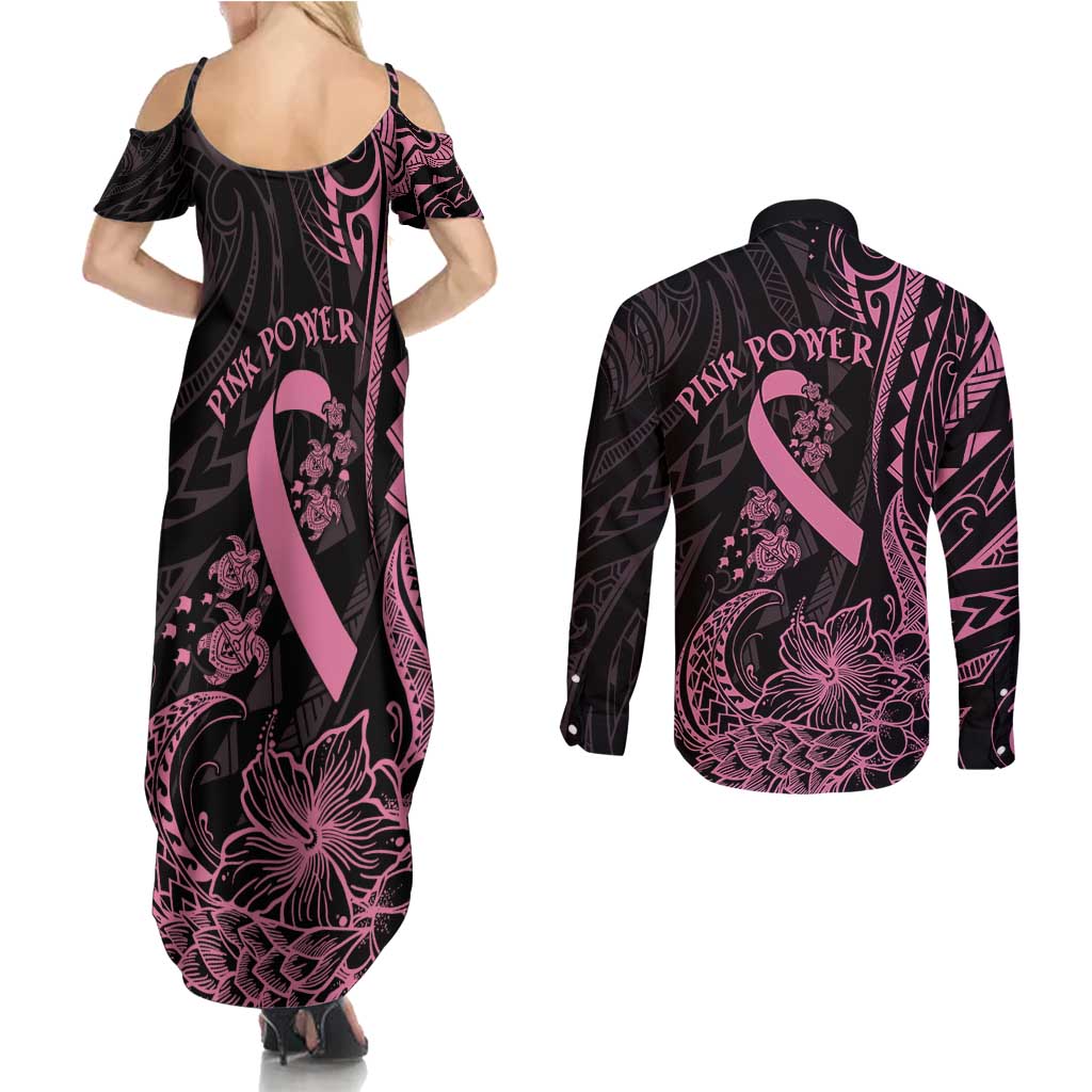 Polynesian Pink Power Couples Matching Summer Maxi Dress and Long Sleeve Button Shirt Breast Cancer Ribbon Turtle and Flowers LT7 - Polynesian Pride