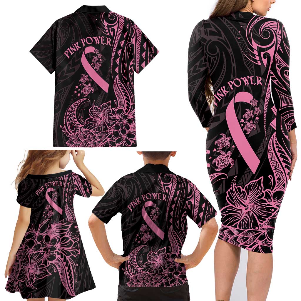 Polynesian Pink Power Family Matching Long Sleeve Bodycon Dress and Hawaiian Shirt Breast Cancer Ribbon Turtle and Flowers LT7 - Polynesian Pride