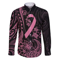 Polynesian Pink Power Family Matching Mermaid Dress and Hawaiian Shirt Breast Cancer Ribbon Turtle and Flowers LT7 Dad's Shirt - Long Sleeve Pink - Polynesian Pride