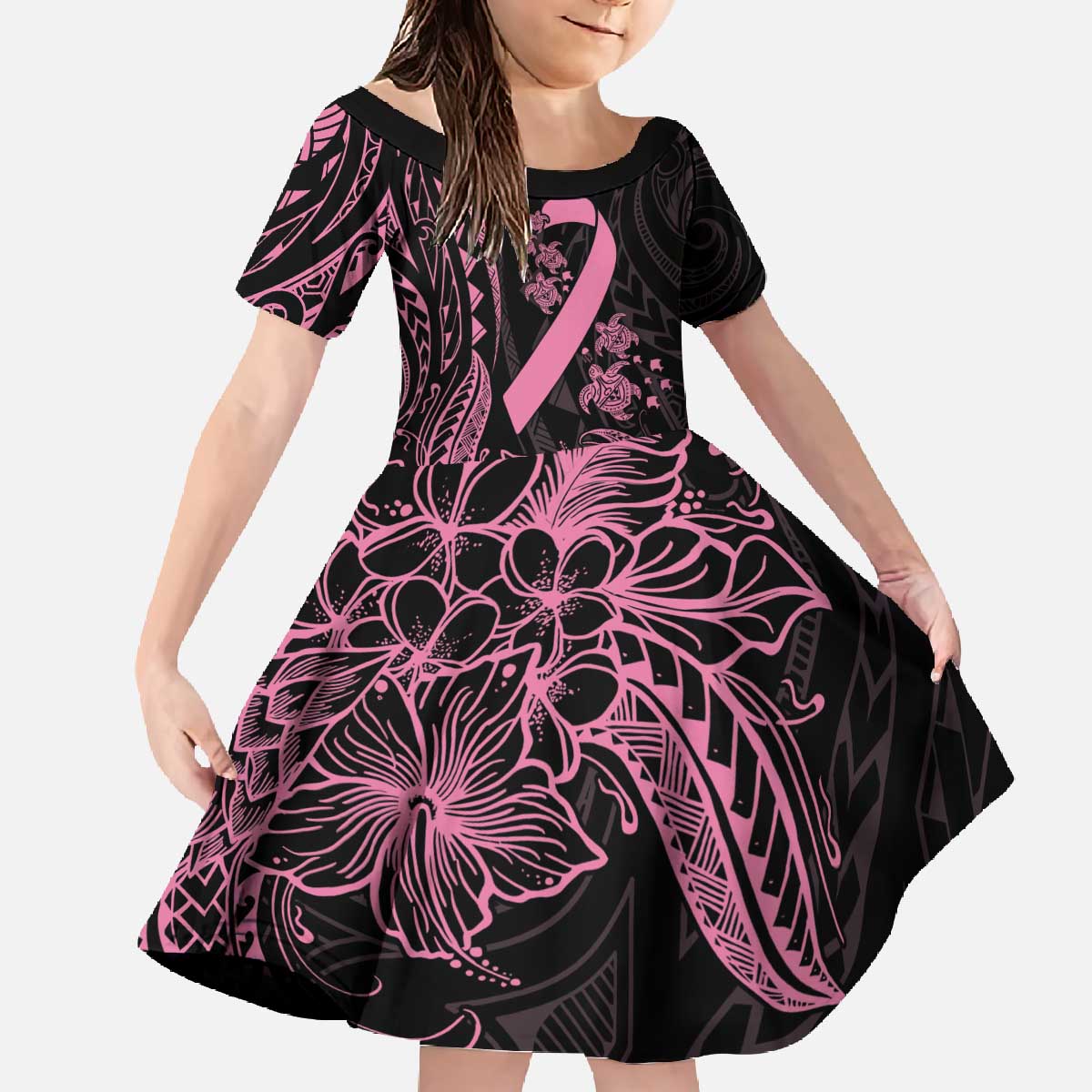 Polynesian Pink Power Family Matching Off The Shoulder Long Sleeve Dress and Hawaiian Shirt Breast Cancer Ribbon Turtle and Flowers LT7 Daughter's Dress Pink - Polynesian Pride