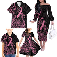 Polynesian Pink Power Family Matching Off The Shoulder Long Sleeve Dress and Hawaiian Shirt Breast Cancer Ribbon Turtle and Flowers LT7 - Polynesian Pride