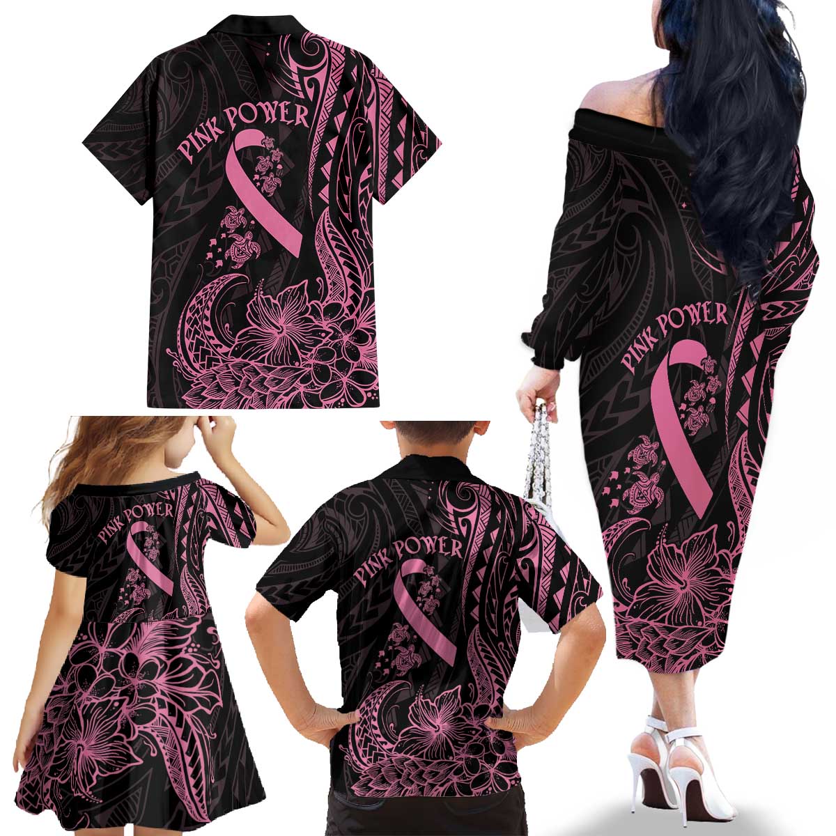 Polynesian Pink Power Family Matching Off The Shoulder Long Sleeve Dress and Hawaiian Shirt Breast Cancer Ribbon Turtle and Flowers LT7 - Polynesian Pride