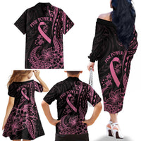 Polynesian Pink Power Family Matching Off The Shoulder Long Sleeve Dress and Hawaiian Shirt Breast Cancer Ribbon Turtle and Flowers LT7 - Polynesian Pride