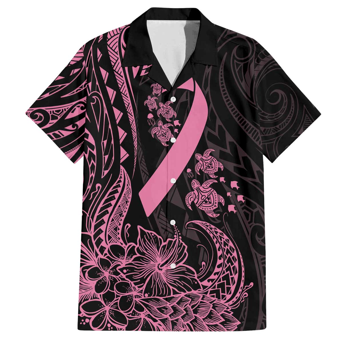 Polynesian Pink Power Family Matching Off The Shoulder Long Sleeve Dress and Hawaiian Shirt Breast Cancer Ribbon Turtle and Flowers LT7 Dad's Shirt - Short Sleeve Pink - Polynesian Pride