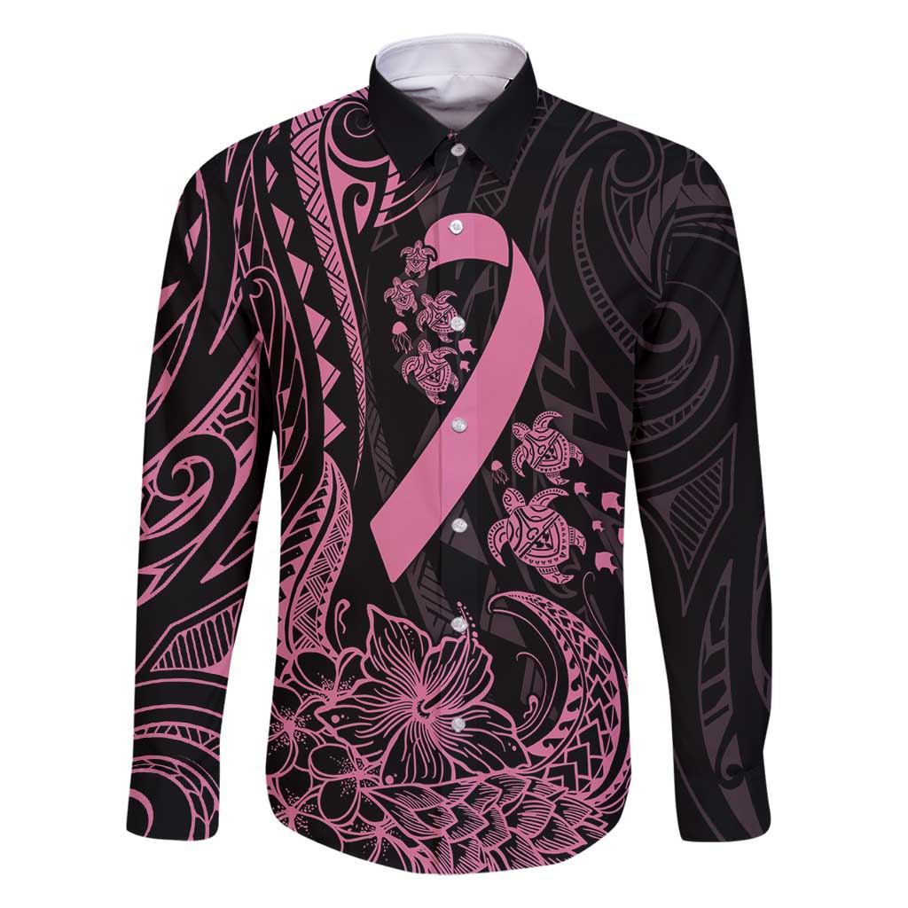 Polynesian Pink Power Family Matching Off Shoulder Maxi Dress and Hawaiian Shirt Breast Cancer Ribbon Turtle and Flowers LT7 Dad's Shirt - Long Sleeve Pink - Polynesian Pride