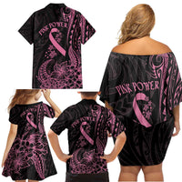 Polynesian Pink Power Family Matching Off Shoulder Short Dress and Hawaiian Shirt Breast Cancer Ribbon Turtle and Flowers LT7 - Polynesian Pride